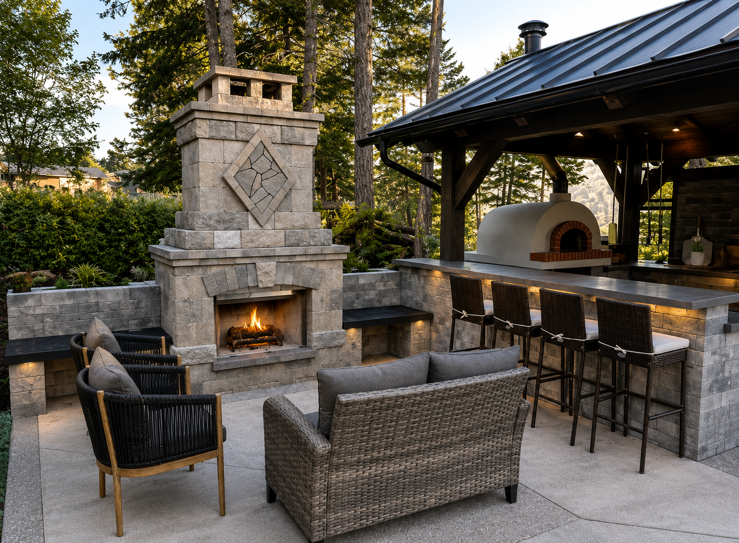 Kalagan Outdoor Design custom outdoor kitchen and stone fireplace build, Okanagan