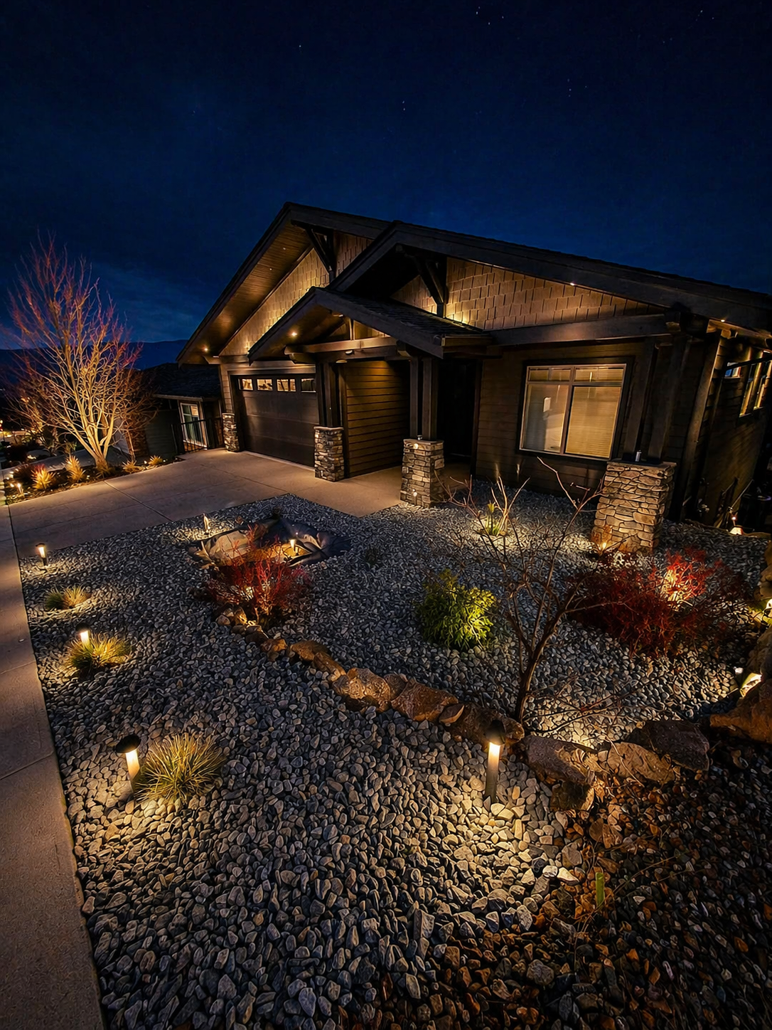 Kalagan Outdoor Design front yard curb appeal transformation at night, Okanagan