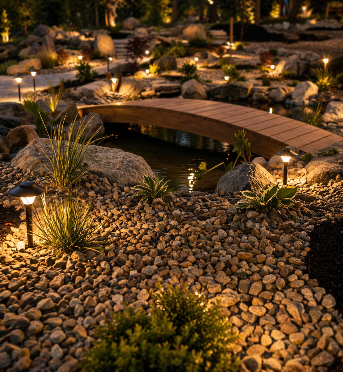 Kalagan Outdoor Design pond and footbridge landscape lit at dusk, Okanagan