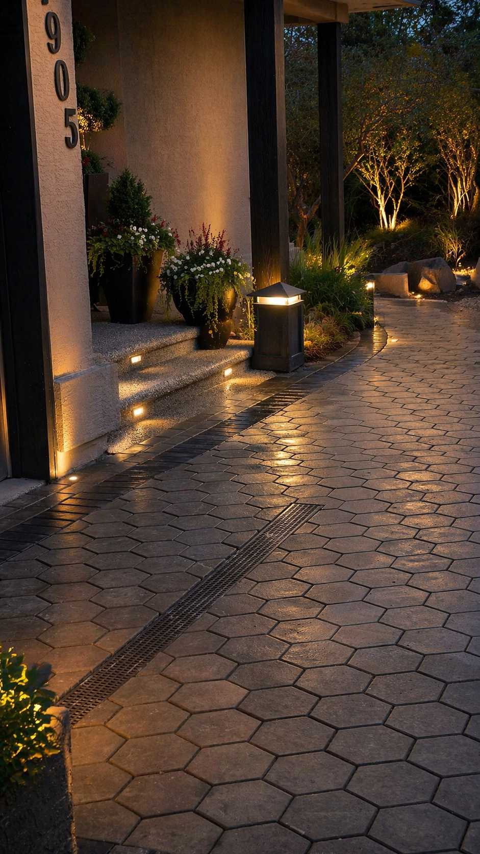 Kalagan Outdoor Design paver walkway and entrance lighting at dusk, Okanagan