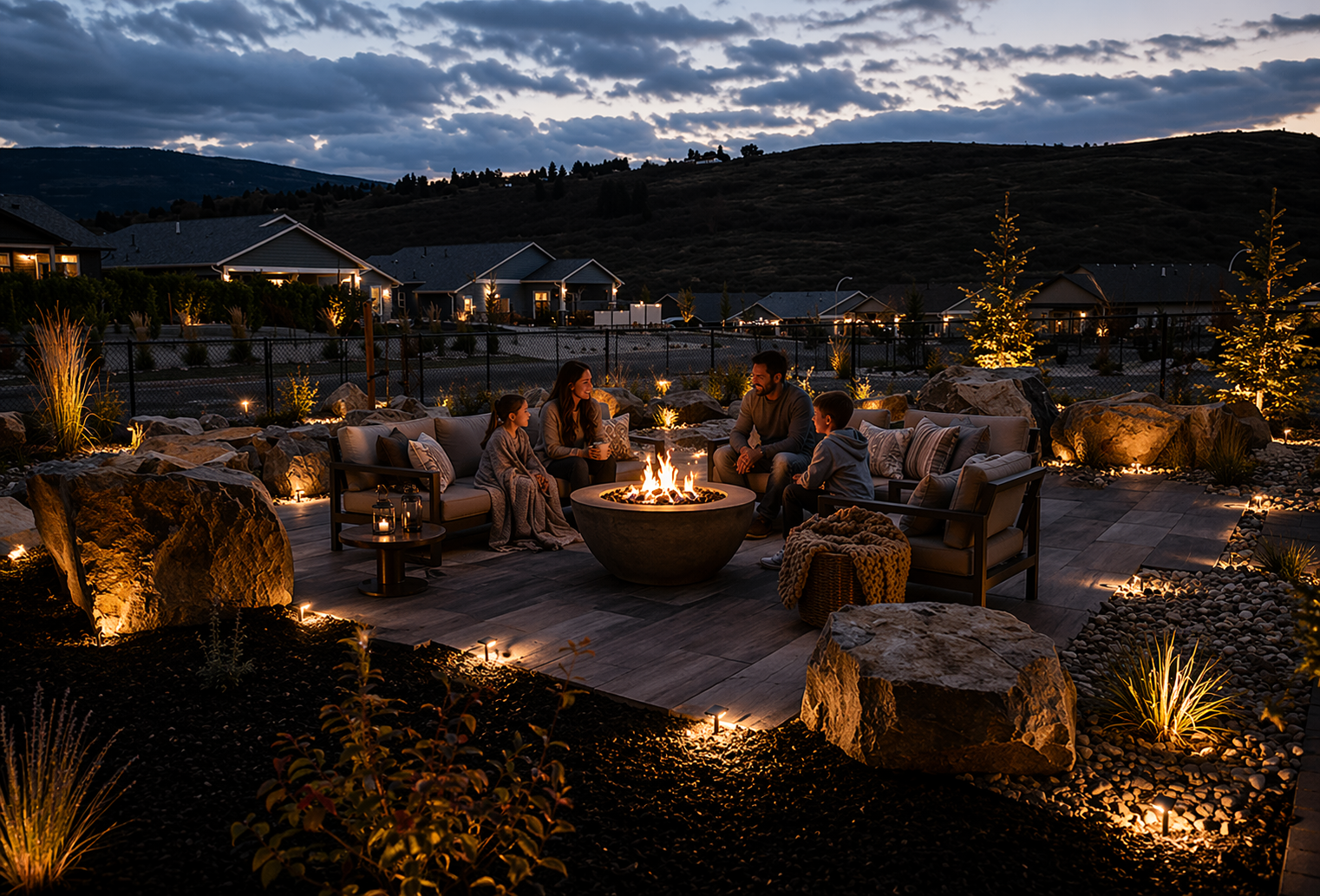 A family enjoying their finished Kalagan Outdoor Design backyard at dusk around a custom fire feature