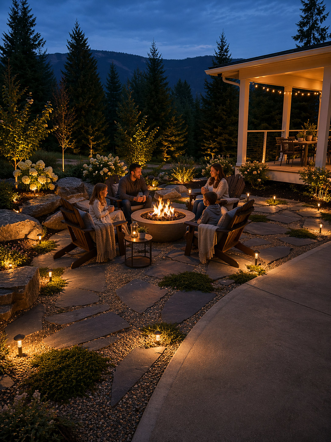 Low-voltage landscape lighting illuminating a stone pathway and garden bed in the Okanagan