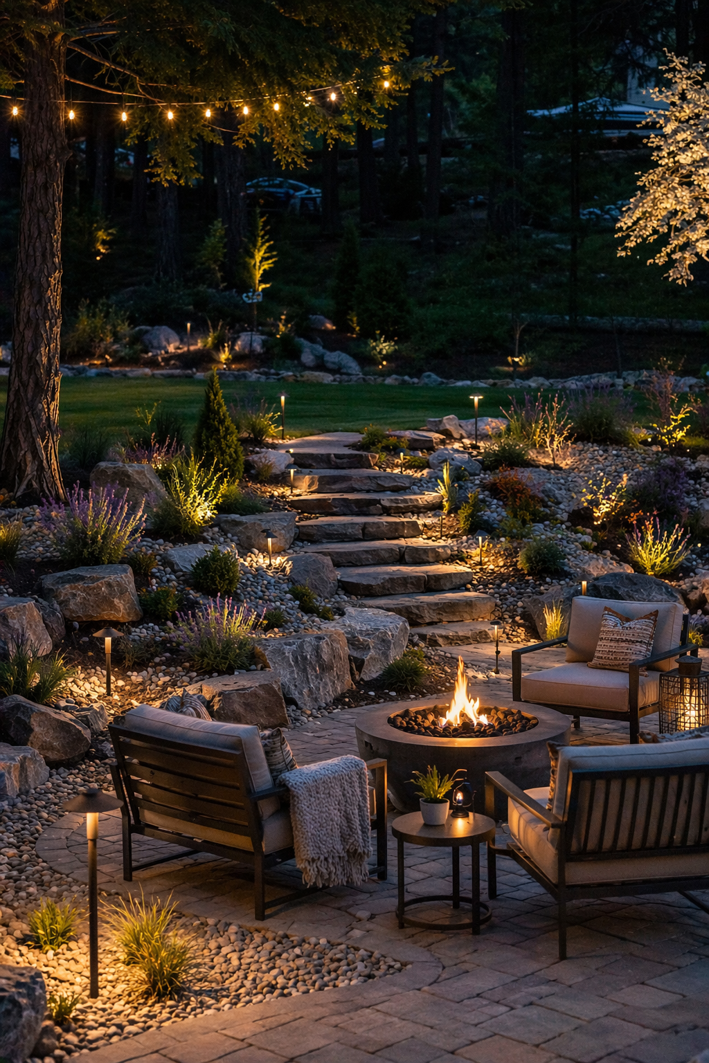 Accent lighting on a retaining wall and garden bed