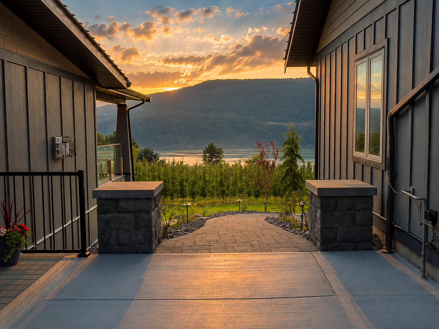 Paving stone pathway with tight joint lines through an Okanagan front yard