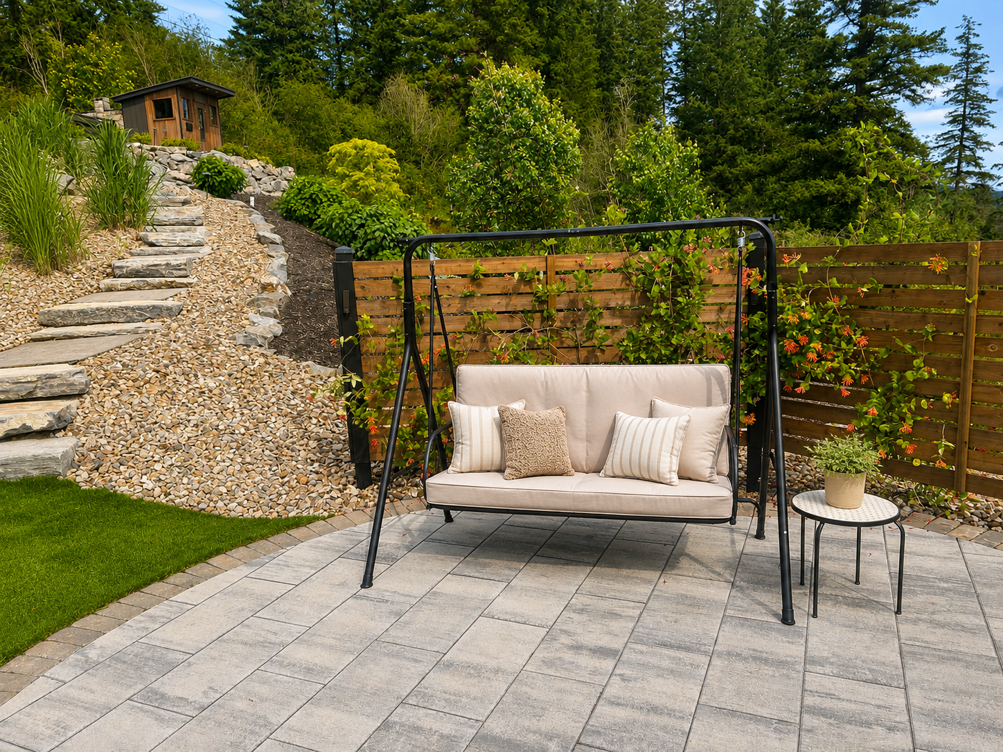 Stepping stone garden path set into planting beds