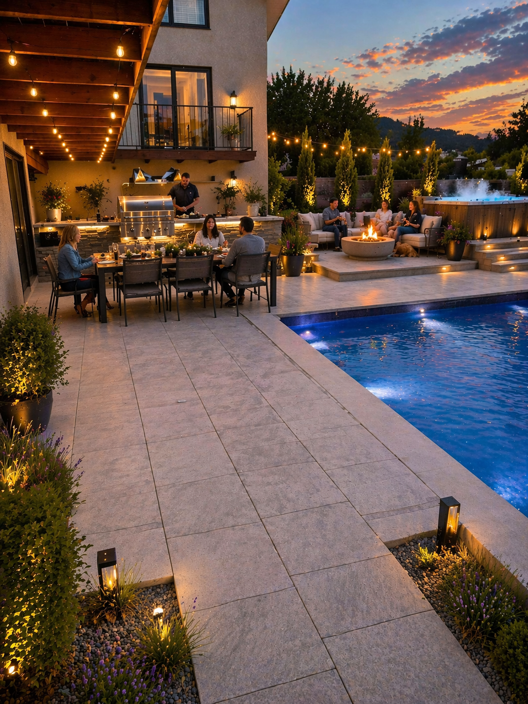 Backyard pool and paver deck installed by Kalagan Outdoor Design in the Okanagan
