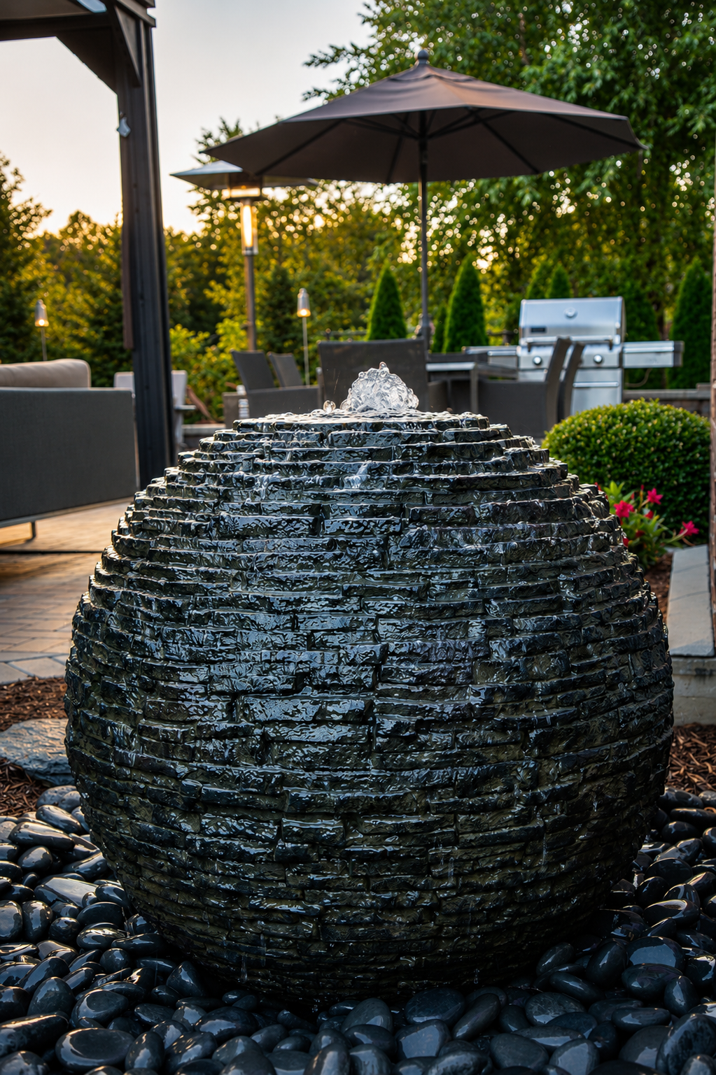 Custom recreational pond with natural stone edging and waterfall in an Okanagan backyard