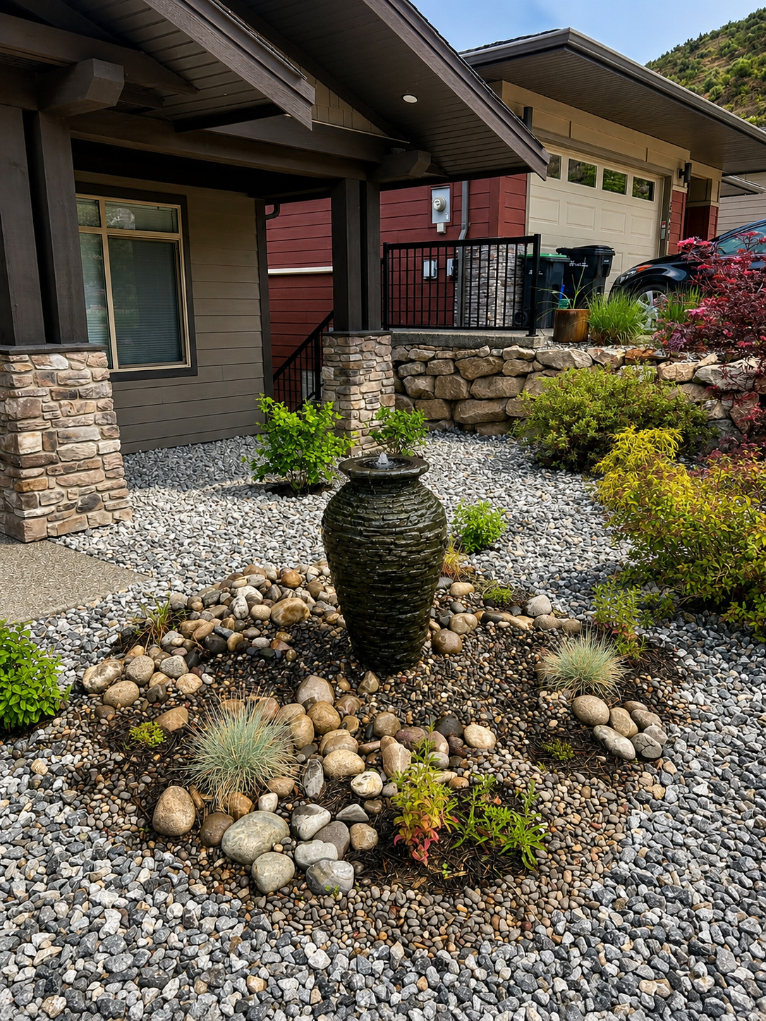 Natural stone pond edge with evening lighting