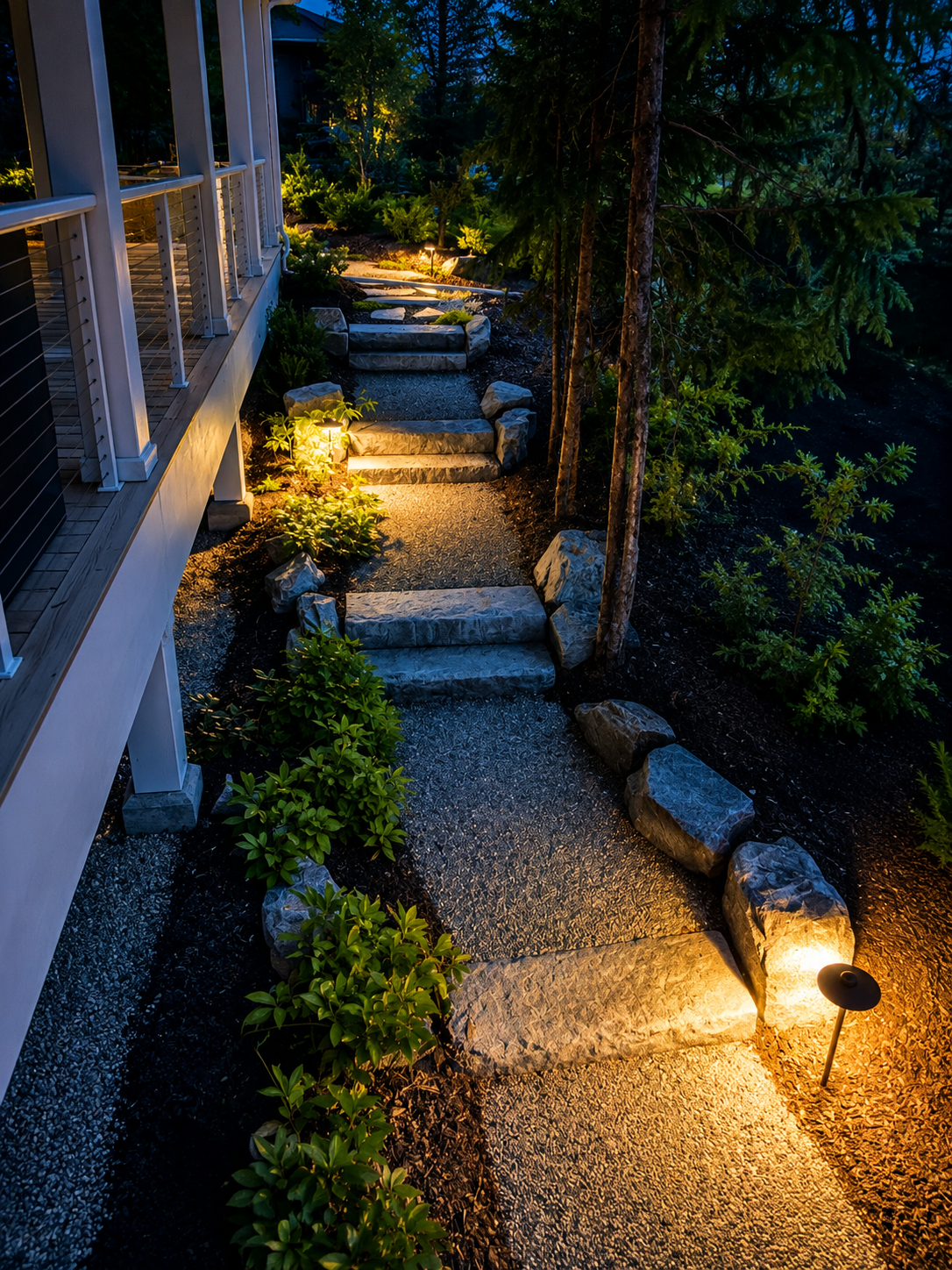 Underwater and fountain lighting on a backyard water feature