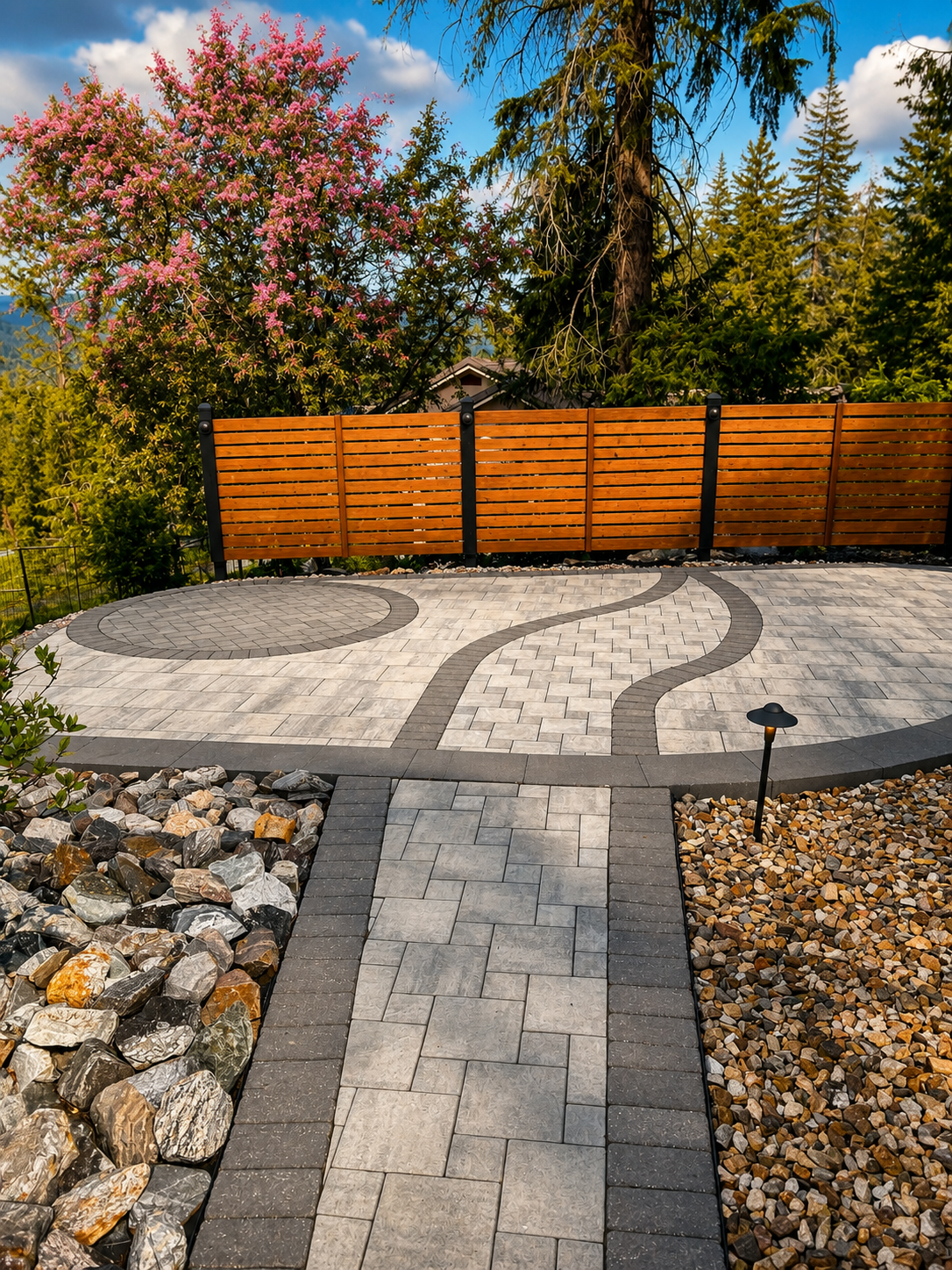 Paver patio with built-in seating area and planting beds in a landscaped Kelowna backyard