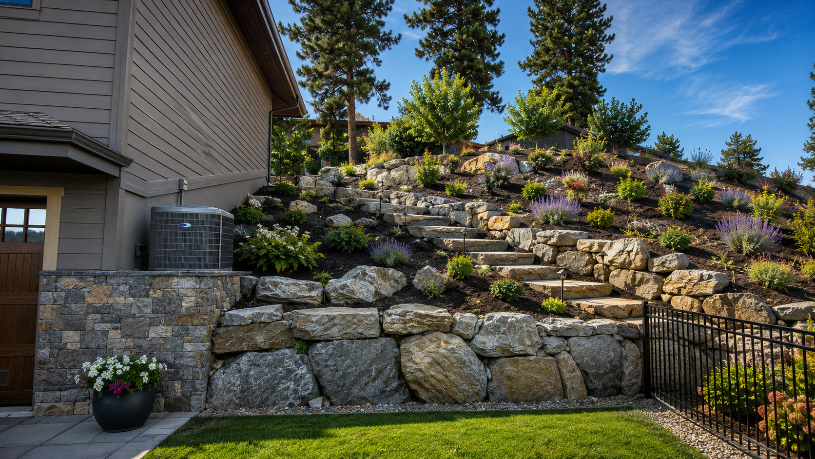 Non-combustible stone fire feature and paver surround built for defensible space