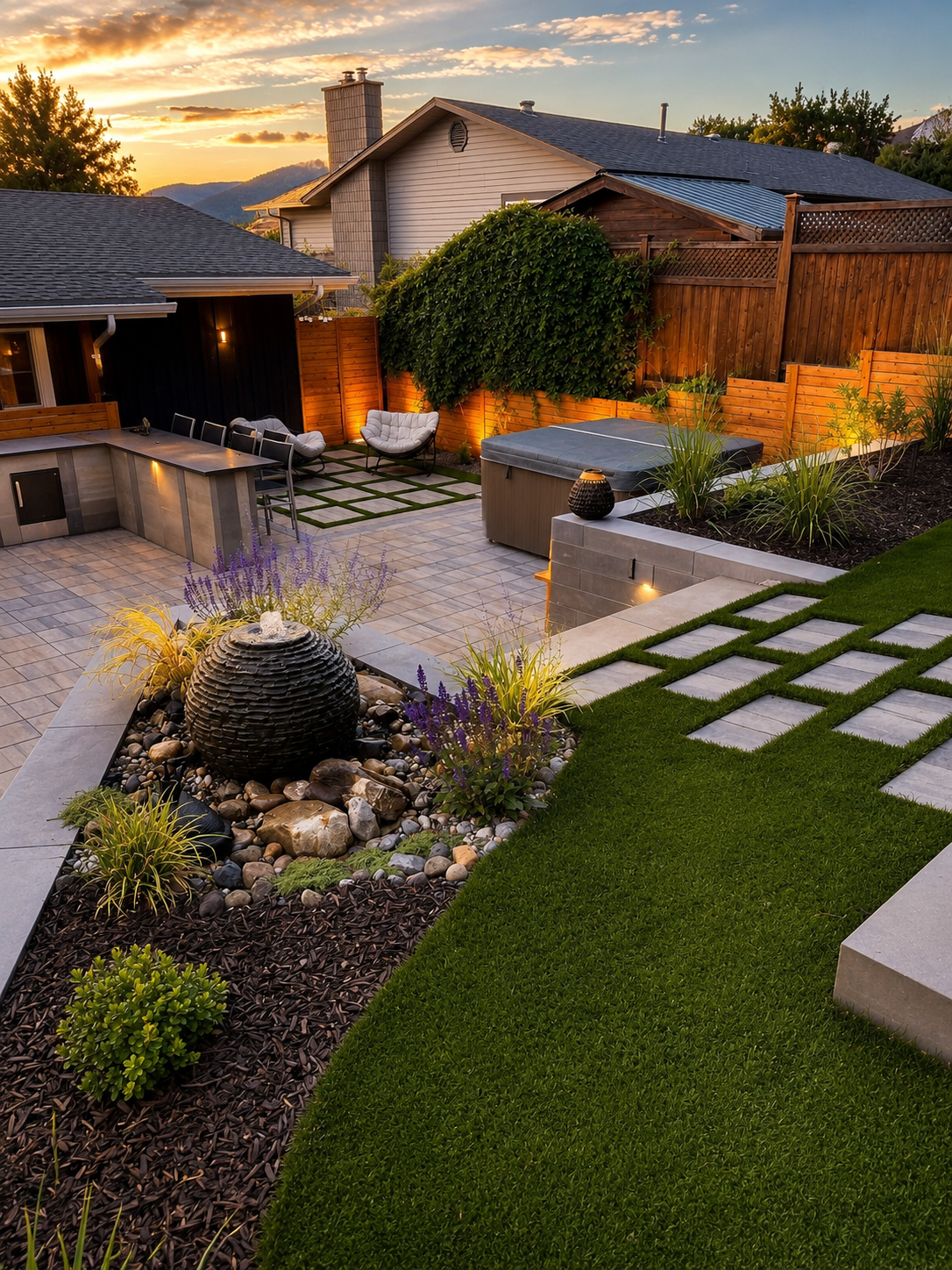 A backyard with a full artificial turf lawn installed around a paver patio area