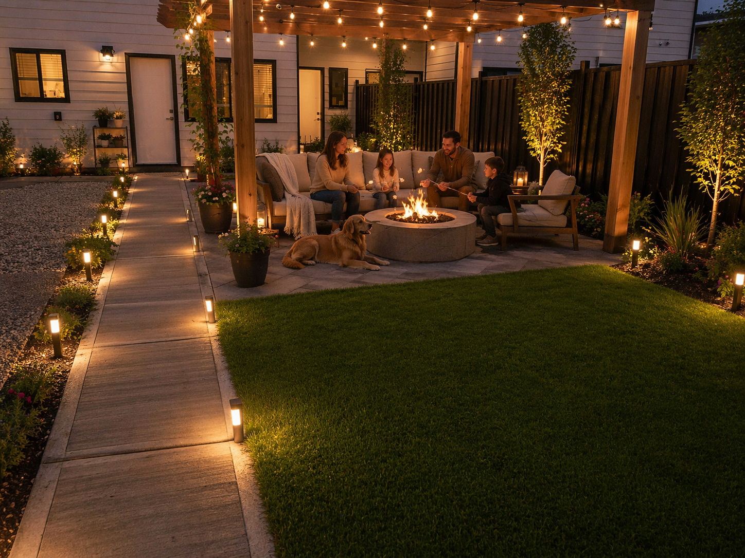 Artificial turf lawn installed in a residential backyard next to a patio
