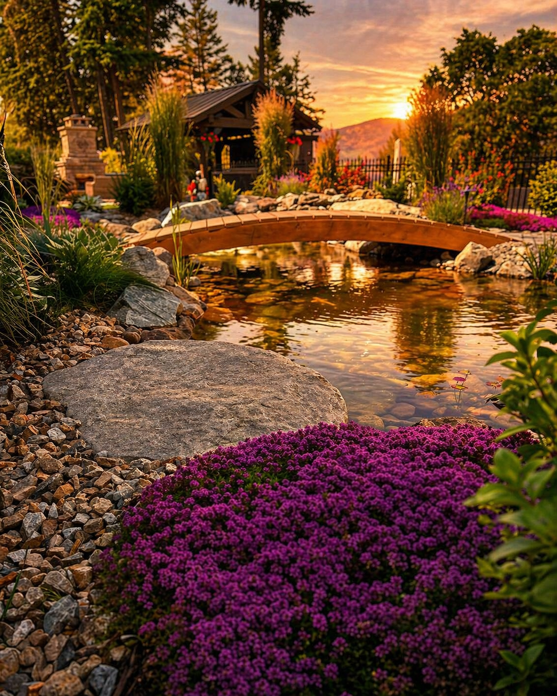 Pond waterfall and aquatic planting in an Okanagan backyard