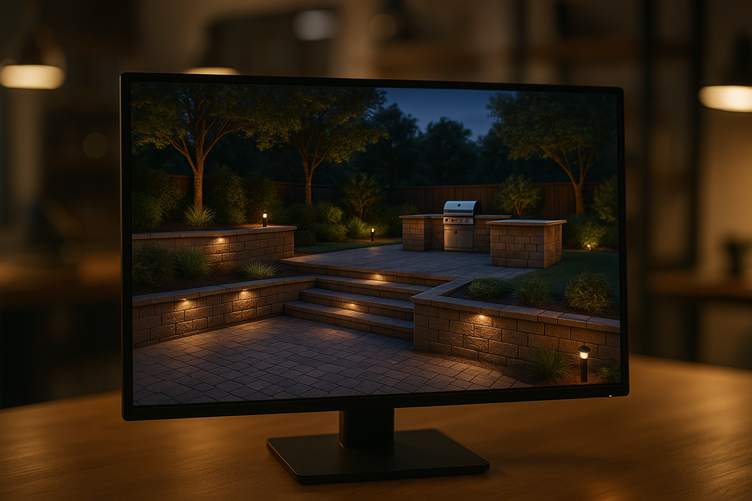 A photorealistic 3D landscape rendering shown on a monitor before construction begins