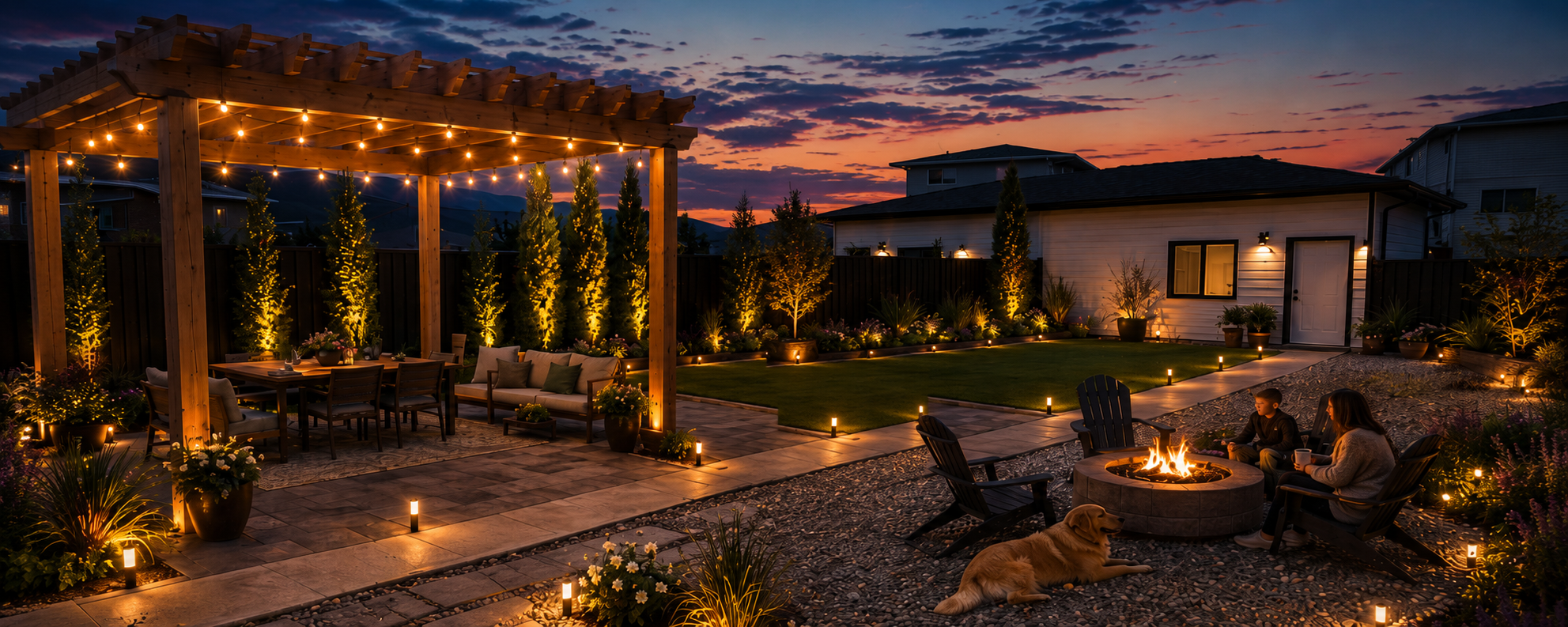 Evening backyard gathering under a lighted pergola with fire pit, lawn path lighting, and sunset sky — Kalagan Outdoor Design