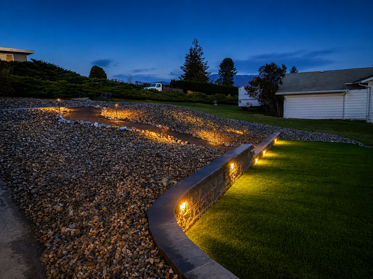Architectural landscape lighting illuminating a stone feature wall on a Kelowna property