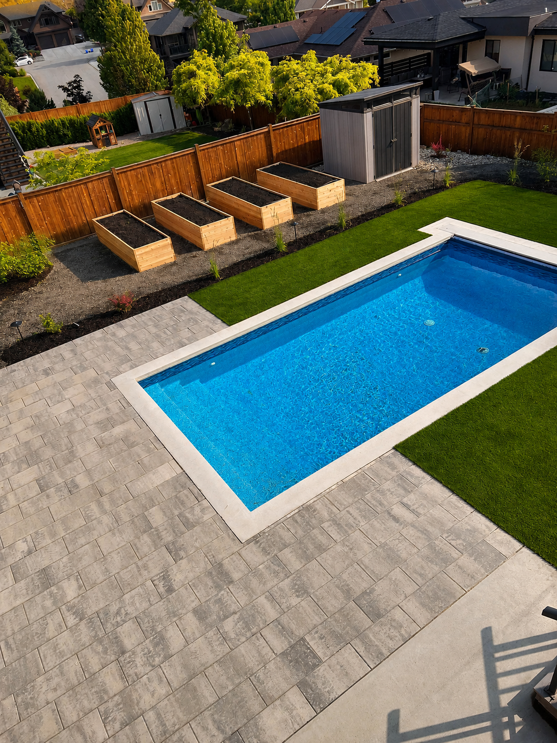 Aerial view of a completed Kalagan Outdoor Design pool and patio project, Okanagan