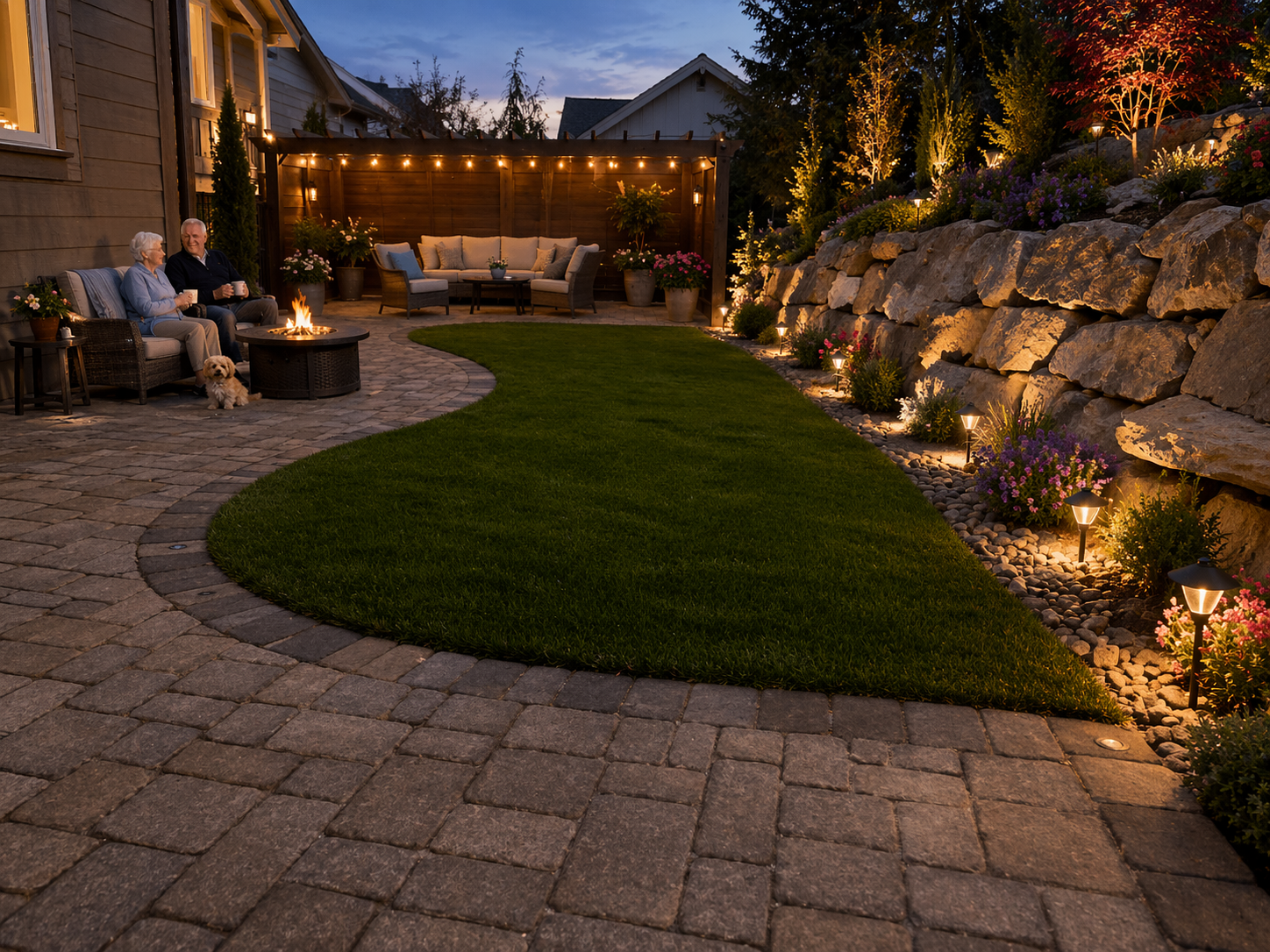 Kalagan Outdoor Design clients relaxing by their fire pit in a finished backyard, Okanagan