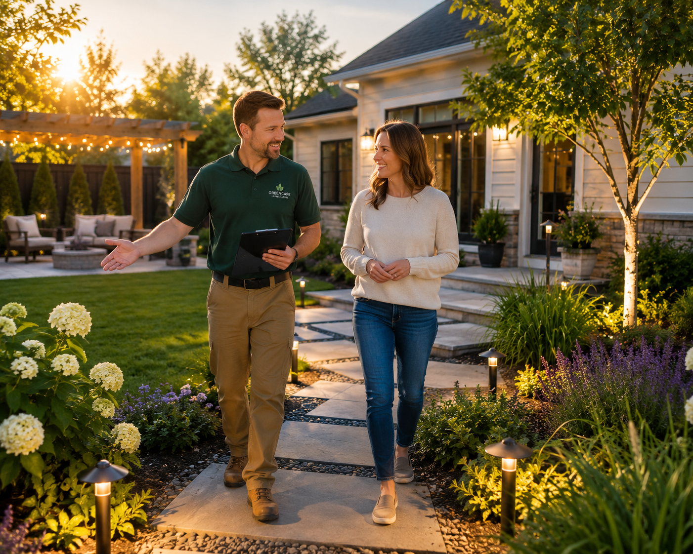 Homeowner meeting with a Kalagan Outdoor Design landscaper on-site — reviewing notes and plans