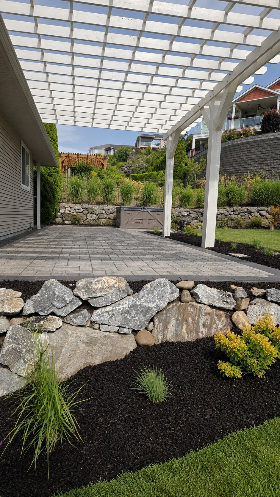 Tiered retaining wall terrace at the Modern Hillside — West Kelowna project by Kalagan Outdoor Design