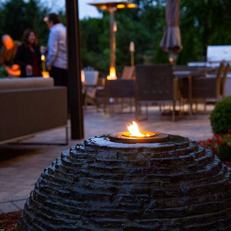 Fountainscape-black-low-Slate-Sphere-at-night