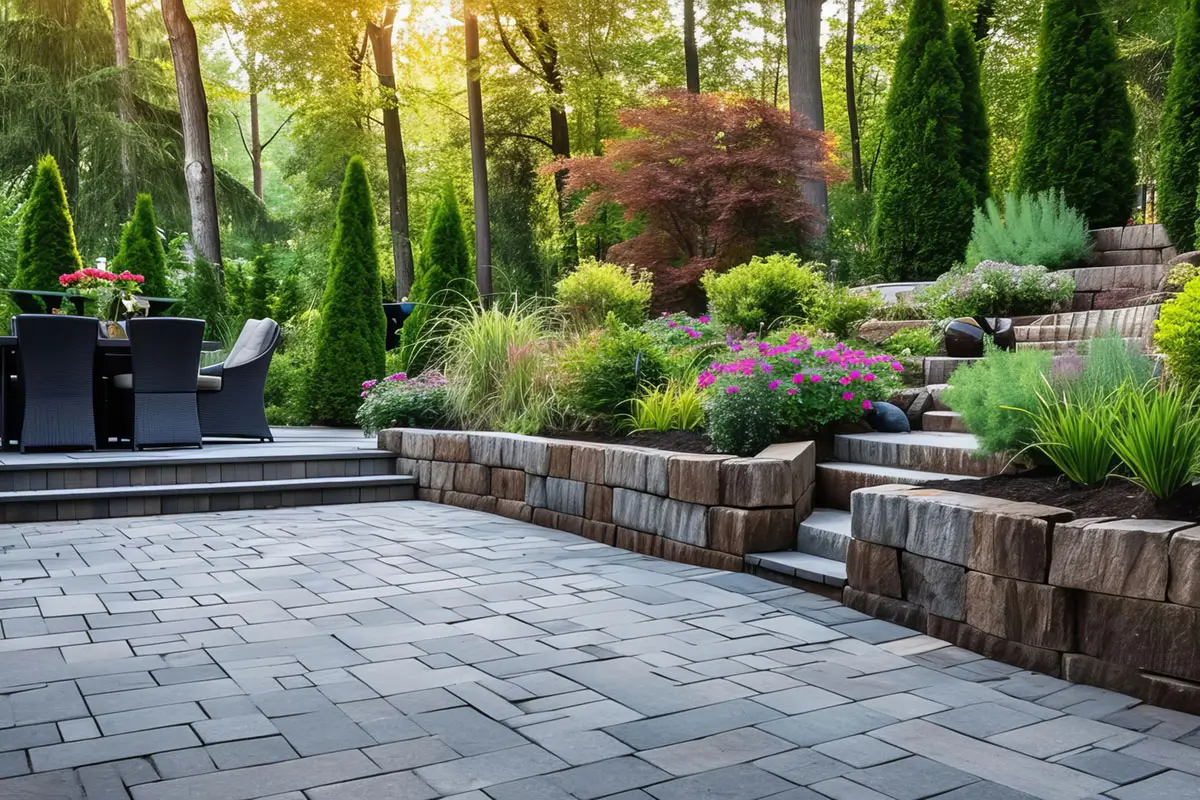 Kalagan Landscaped patio with retaining wall and pavers